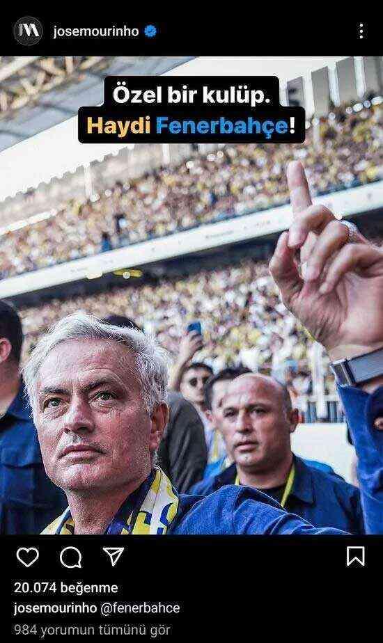 Fenerbahçe Teknik Direktörü Jose Mourinho'dan Ali Koç'un seçim zaferi sonrası ilk paylaşım