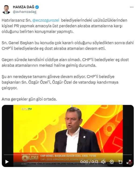 Özel'in 'Belediyelerimizde akraba ataması yok' sözlerine AK Parti cephesinden yanıt: Özel, vatandaşı kandırıyor