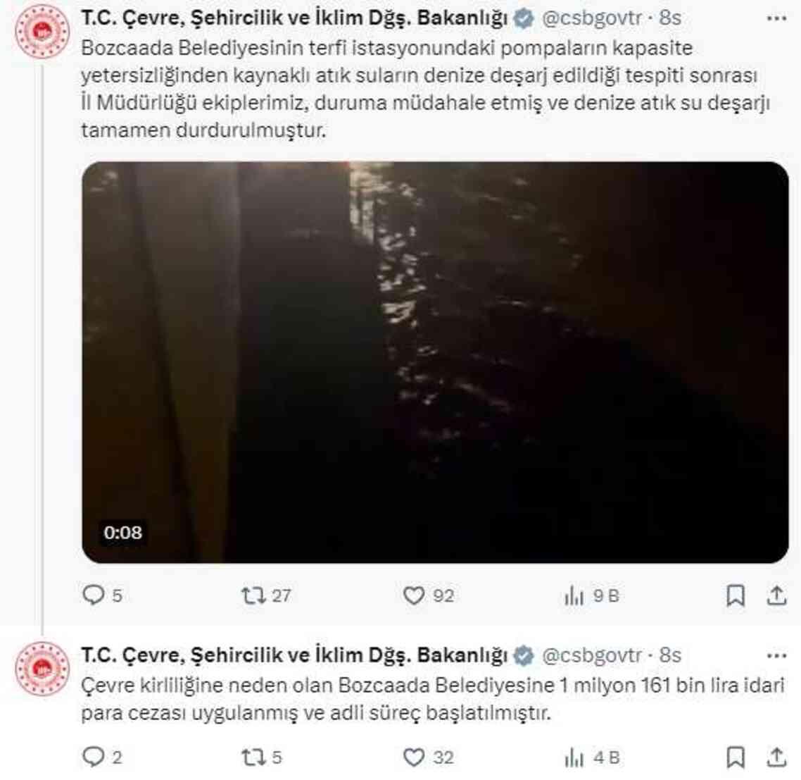 Atık suları denize deşarj ettiler! Bozcaada Belediyesi'ne 1 milyon 161 bin TL'lik ceza kesildi