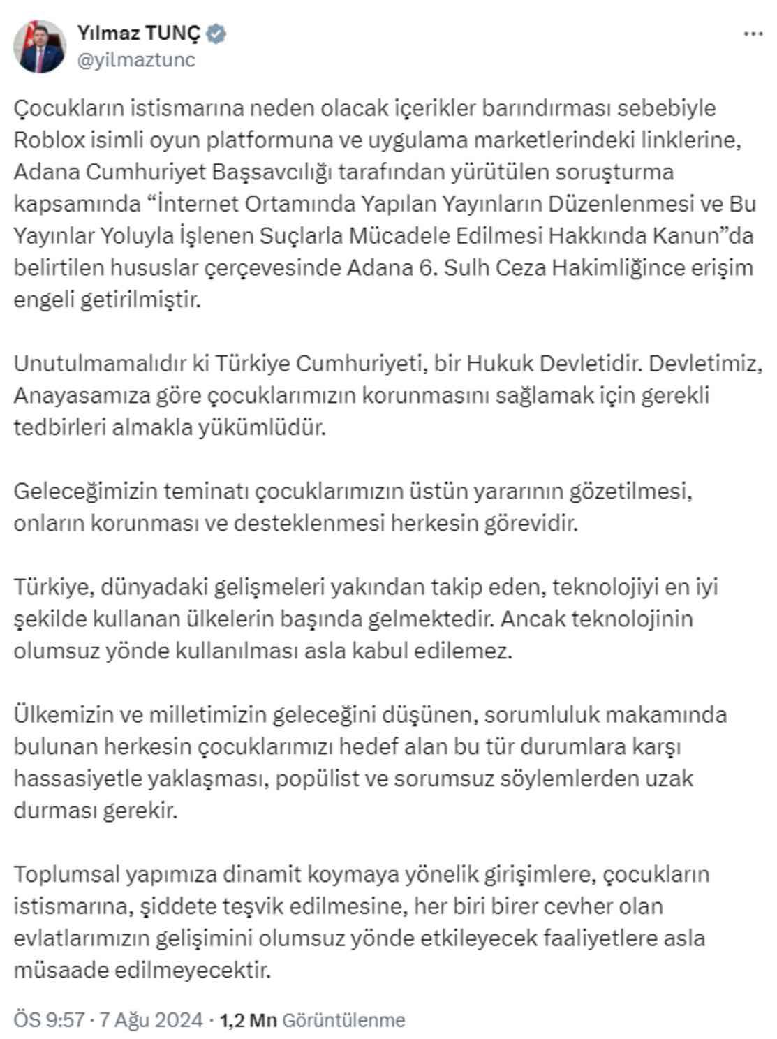 Adalet Bakanı Tunç'tan oyun platformu Roblox'un kapatılmasına ilişkin açıklama
