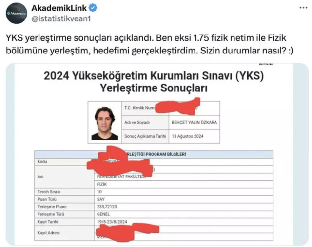 Eksi 1.75 fizik netiyle fizik bölümünü kazanıp Yusuf Dikeç pozu verdi