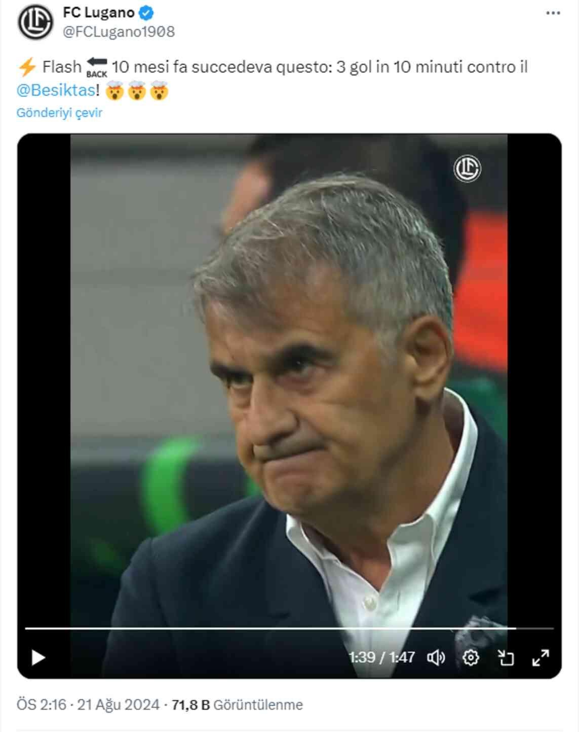 Şenol Güneş detayı çok konuşulur! Lugano'dan Beşiktaş maçı öncesinde olay paylaşım