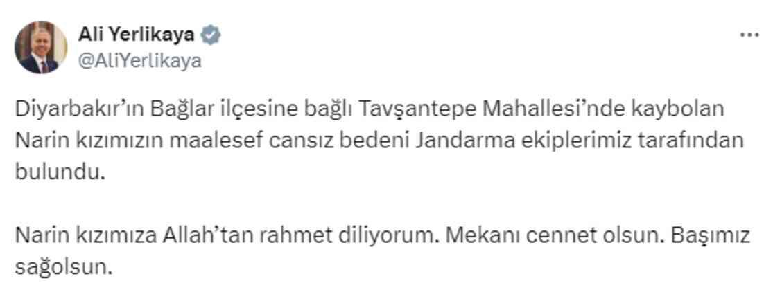 Bakan Yerlikaya'nın Narin mesajında dikkat çeken detay! Aileye başsağlığı dilemedi