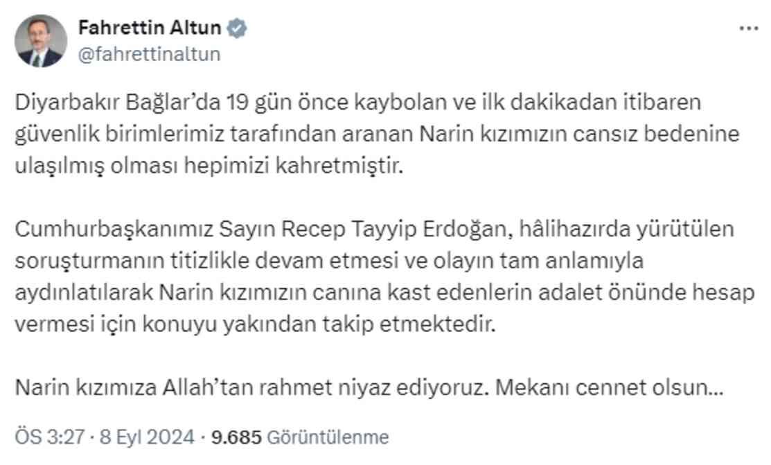 İletişim Başkanı Altun duyurdu! Cumhurbaşkanı Erdoğan'dan Narin talimatı