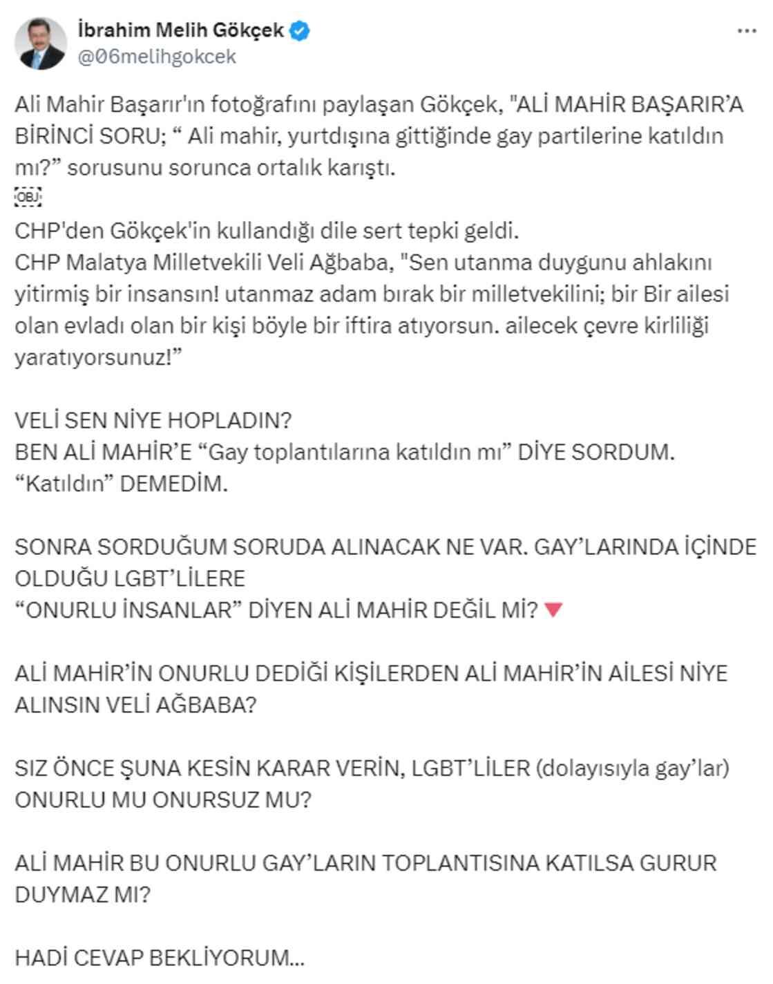 Gökçek, CHP'li Ali Mahir Başarır'a sordu: Yurtdışına gittiğinde gay partilerine katıldın mı?