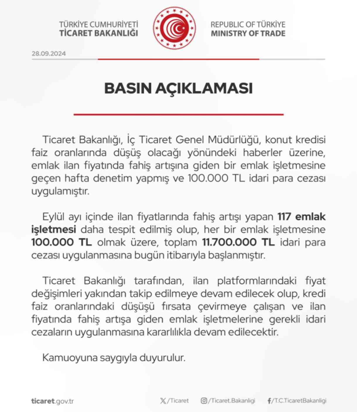 Ticaret Bakanlığı'ndan emlak işletmelerine ceza: 11 milyon 700 bin TL Ticaret Bakanlığı'ndan emlak işletmelerine ceza: 11 milyon 700 bin TL