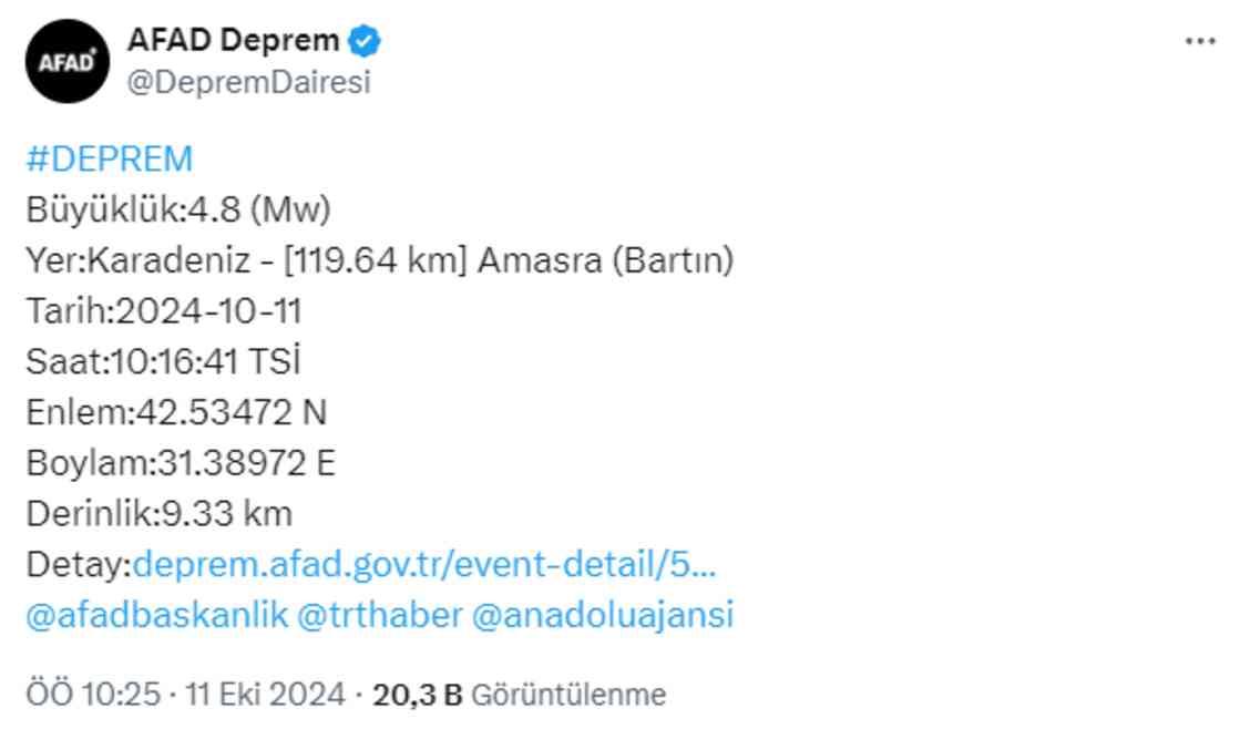 Bartın açıklarında 4.8'lik deprem! Sarsıntı çevre illerde de hissedildi