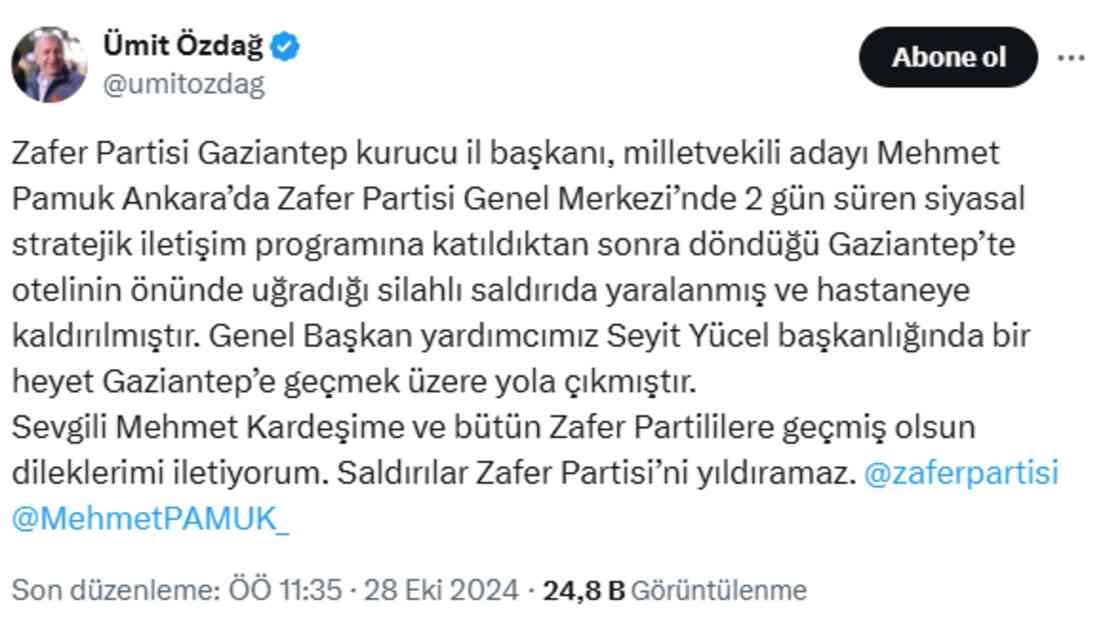 Zafer Partili Mehmet Pamuk'a silahlı saldırı