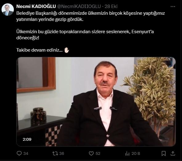 Esenyurt'un eski başkanı Necmi Kadıoğlu'ndan dikkat çeken paylaşım