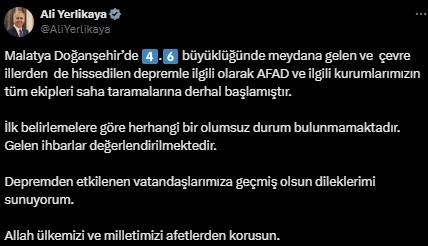 Malatya'nın Doğanşehir ilçesinde 4,6 büyüklüğünde deprem