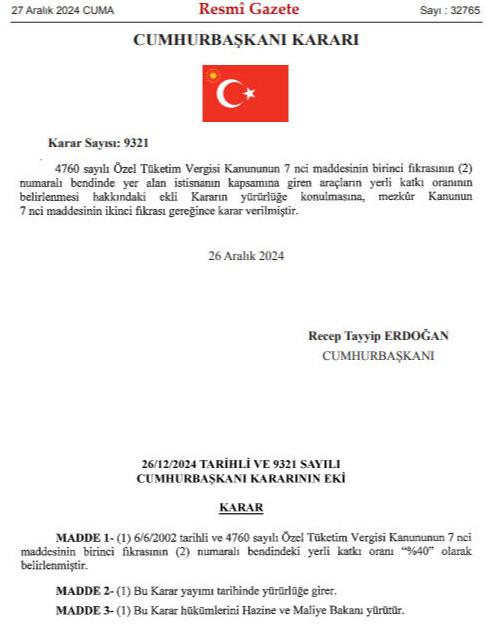 Erdoğan'ın imzasıyla yeni dönem başladı! İşte ÖTV'siz alınabilecek araçlar