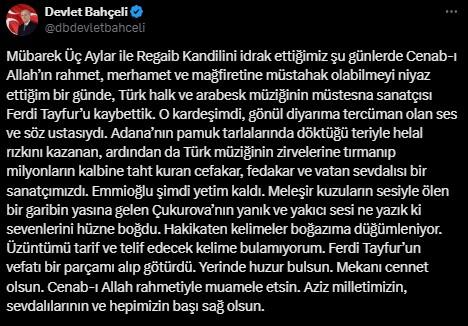 Bahçeli'den Ferdi Tayfur için taziye mesajı: Bir parçamı alıp götürdü