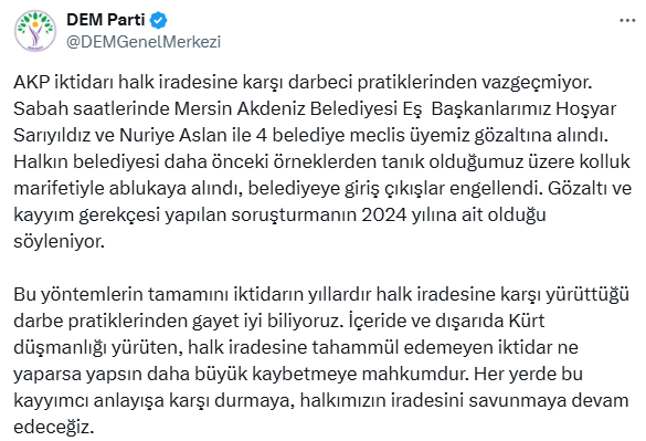 DEM Parti'den Akdeniz Belediyesi eş başkanlarının gözaltına alınmasına ilk tepki