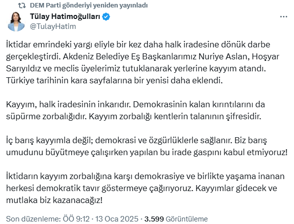 DEM Parti'den Akdeniz Belediyesi'ne kayyum atanmasına ilk tepki