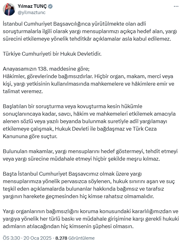 Adalet Bakanı Tunç'tan İmamoğlu'na başlatılan soruşturmaya ilgili açıklama