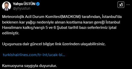 İstanbul'da kar yağışı alarmı! THY seferleri iptal edildi