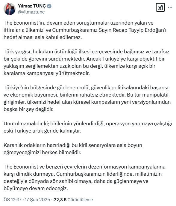 The Economist'in skandal yazısına Bakan Tunç'tan tepki