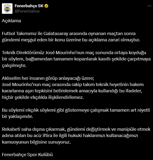 Fenerbahçe'den Galatasaray'a Mourinho cevabı