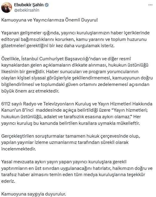 İmamoğlu'nun gözaltına alınmasının ardından RTÜK Başkanı'ndan dikkat çeken uyarı