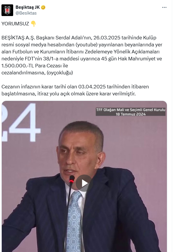 Beşiktaş'tan başkan Serdal Adalı'ya ceza veren TFF'ye bomba tepki