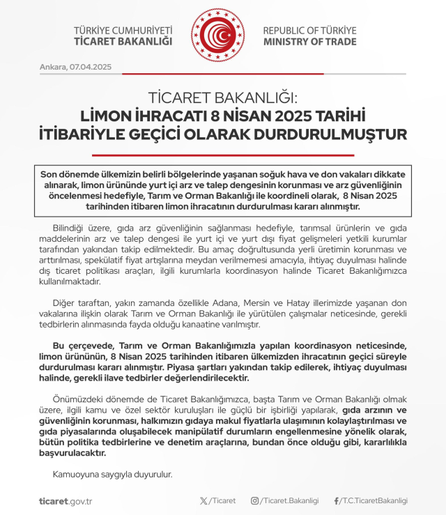 Ticaret Bakanlığı limon ihracatını durdurdu Ticaret Bakanlığı limon ihracatını durdurdu