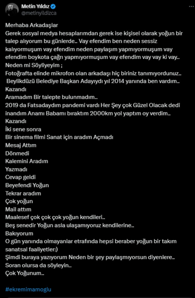 Oyuncu Metin Yıldız'dan İmamoğlu sessizliğine yanıt: Çok yoğunum