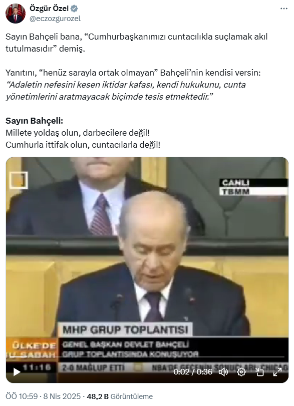 Özel'den Bahçeli'ye 'cuntacılık' yanıtı! Kendi sözlerini hatırlattı