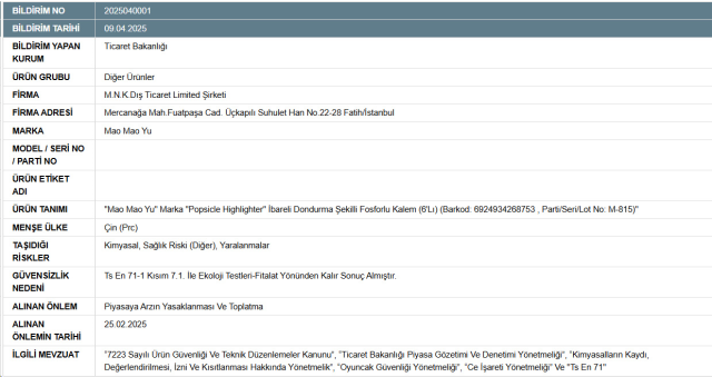 Bakanlık 'çocuklar için tehlikeli' dedi, bütün kırtasiyelerden toplatılıyor