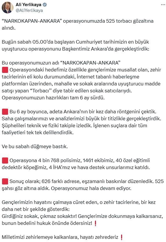 Ankara'da Cumhuriyet tarihinin en büyük uyuşturucu operasyonu: 635 kişi yakalandı