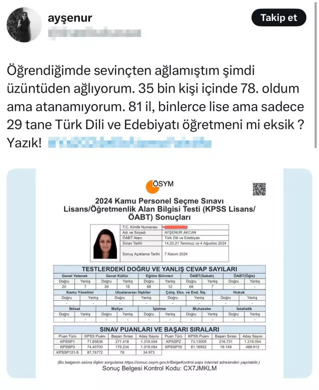 KPSS'de 78. olan öğretmen adayının isyanı: Üzüntüden ağlıyorum