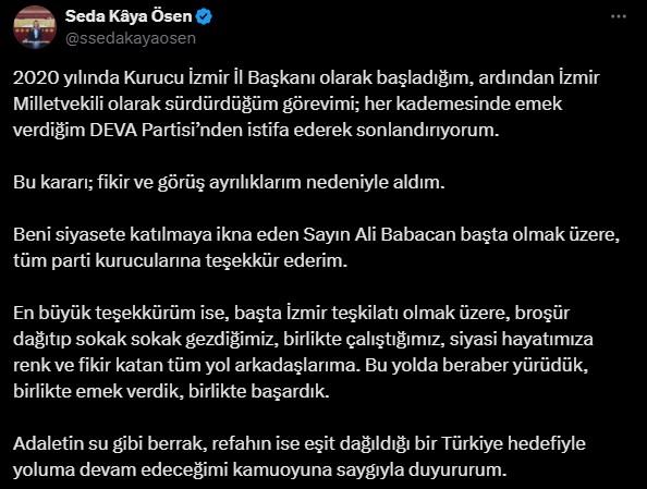 DEVA Partisi İzmir Milletvekili Seda Kaya Ösen partisinden istifa etti