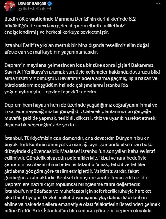 Bahçeli'den İstanbul depremine ilişkin ilk açıklama: Artık İstanbul'un bir numaralı gündemdir