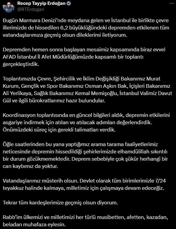 Cumhurbaşkanı Erdoğan'dan 6.2 büyüklüğündeki depremle ilgili açıklama