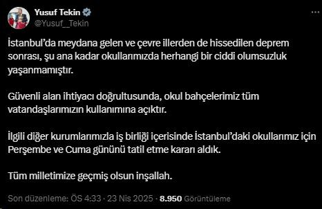 İstanbul'daki depremlerin ardından okullar tatil edilecek mi? Bakan Tekin açıkladı