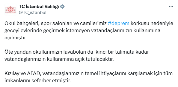 İstanbul Valiliği: Vatandaşlar, okul bahçeleri, spor salonları ve camilerde geceyi geçirebilir