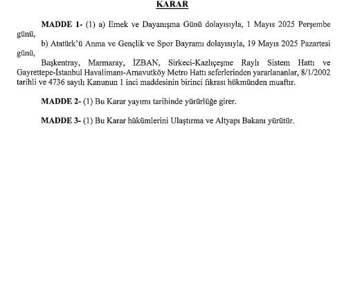 1 Mayıs ve 19 Mayıs'da toplu ulaşım ücretsiz olacak