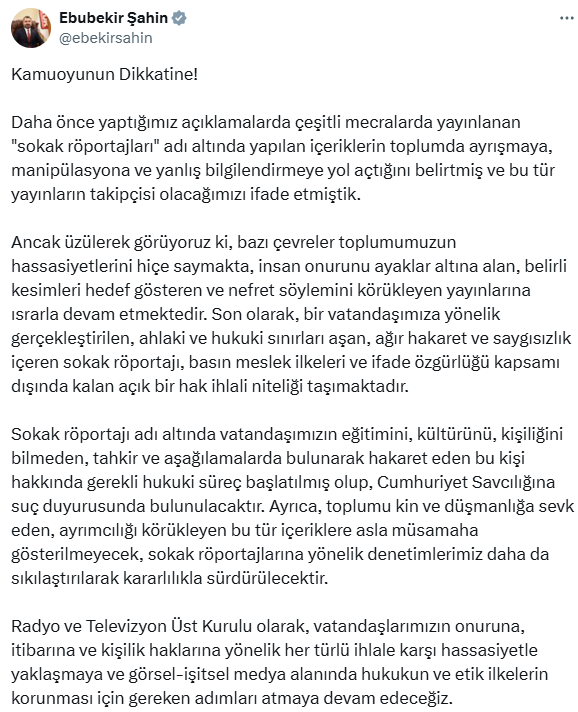 RTÜK Başkanı Ebubekir Şahin: Sokak röportajlarına yönelik denetim daha da sıkılaşacak