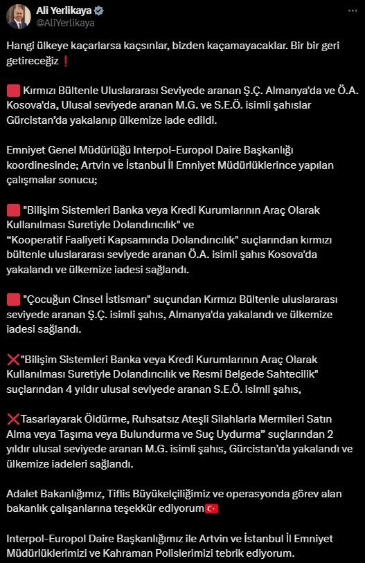 Ali Yerlikaya: Kırmızı bültenle aranan dört kişi yakalanarak Türkiye'ye iade edildi