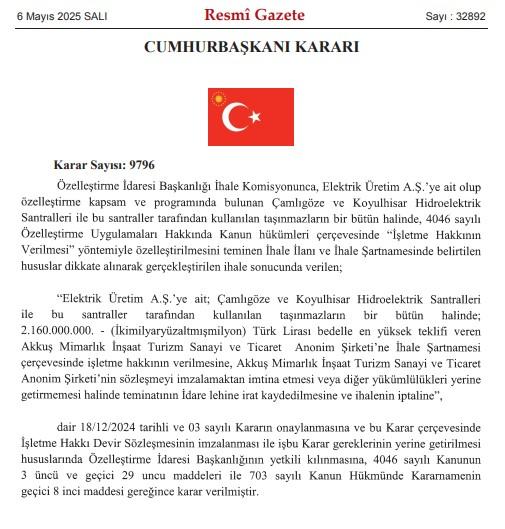 Çamlıgöze ve Koyulhisar Hidroelektrik Santralleri özelleştirildi