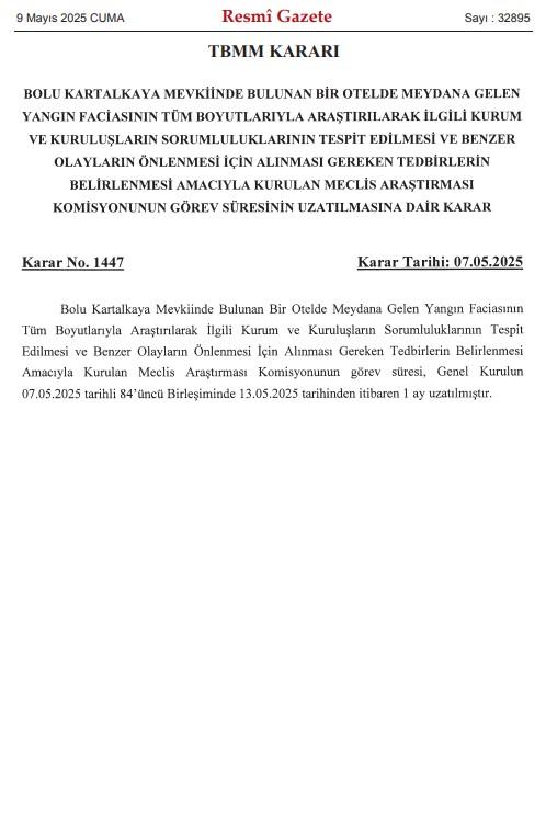 Kartalkaya'daki yangın faciasını araştırma komisyonunun görev süresi uzatıldı