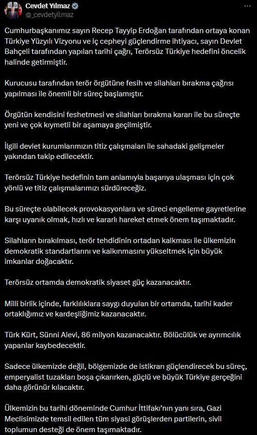 Cevdet Yılmaz'dan PKK'nın fesih kararı sonrası uyarı: Provokasyonlara karşı kararlı hareket edilmeli Cevdet Yılmaz'dan PKK'nın fesih kararı sonrası uyarı: Provokasyonlara karşı kararlı hareket edilmeli