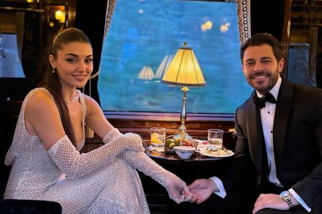 Hande Erçel derin yırtmaçlı cesur elbisesiyle geceye damga vurdu