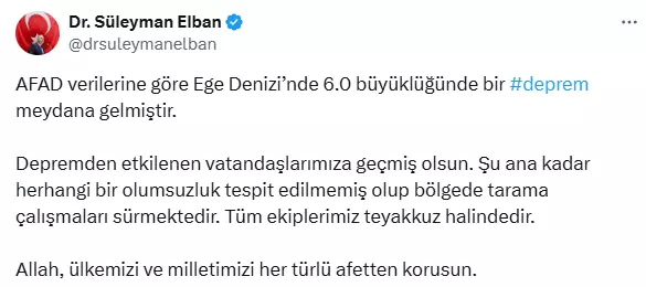 Ege Denizi'nde 6 büyüklüğünde deprem