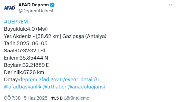 Antalya'da 4 büyüklüğünde deprem