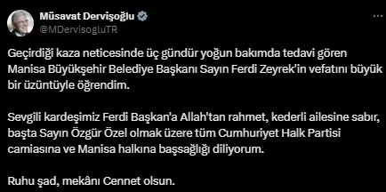 Ferdi Zeyrek'in hayatını kaybetmesinin ardından siyasilerden art arda taziye mesajları Ferdi Zeyrek'in hayatını kaybetmesinin ardından siyasilerden art arda taziye mesajları