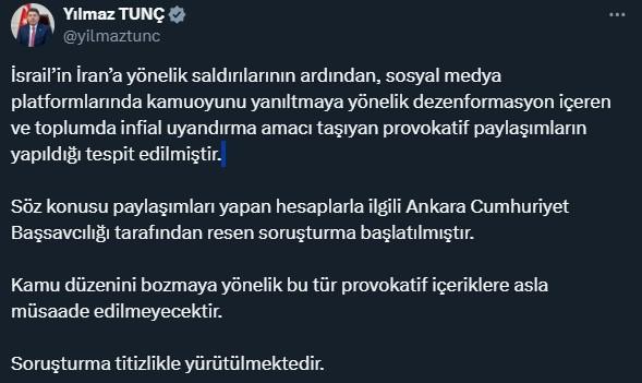 Adalet Bakanı Tunç: Provokatif İran-İsrail paylaşımlarına soruşturma başlatıldı Adalet Bakanı Tunç: Provokatif İran-İsrail paylaşımlarına soruşturma başlatıldı