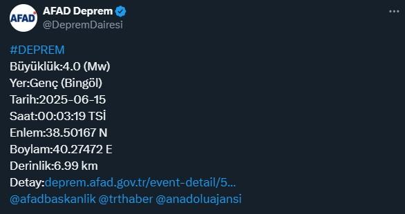 Bingöl'de 4 büyüklüğünde deprem