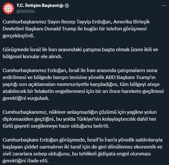 Cumhurbaşkanı Erdoğan, Trump'la İsrail-İran savaşını görüştü Cumhurbaşkanı Erdoğan, Trump'la İsrail-İran savaşını görüştü