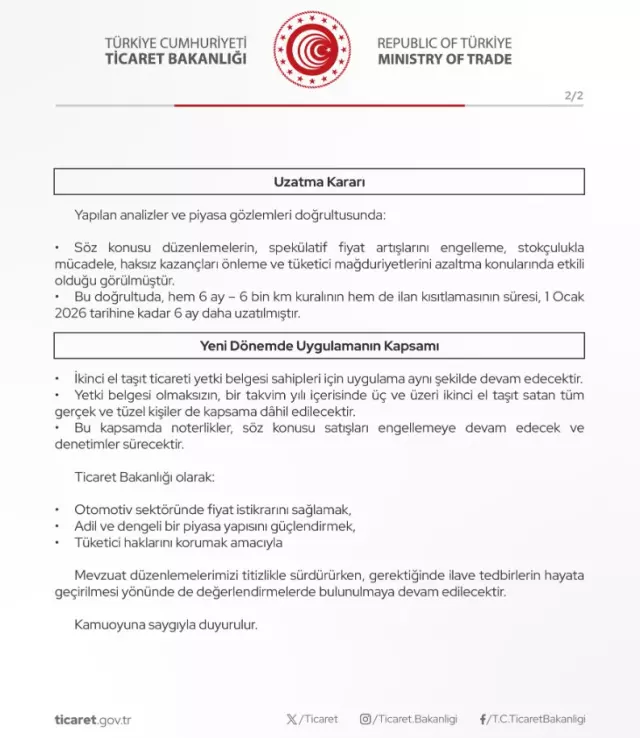 İkinci el araç satışında 6 ay-6 bin kilometre kısıtlaması uzatıldı