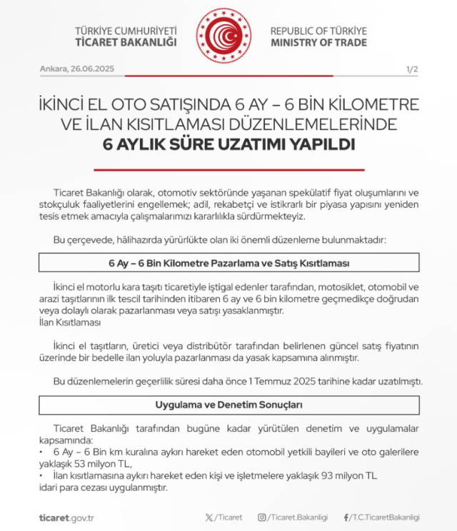 İkinci el araç satışında 6 ay-6 bin kilometre kısıtlaması uzatıldı